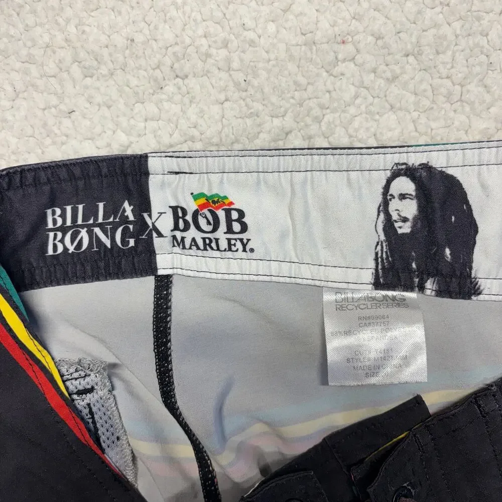 Billabong x Bob Marley Boardshort 30 Mens Black Striped Rasta Recycler Series